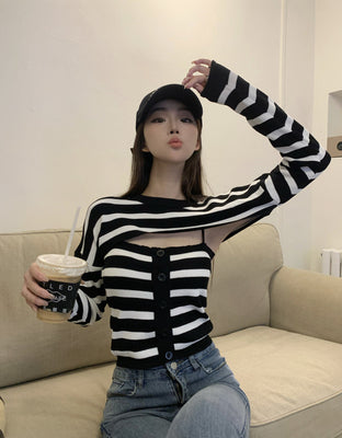 レディース長袖ボーダーニットトップス2点セット