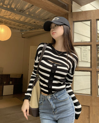 レディース長袖ボーダーニットトップス2点セット